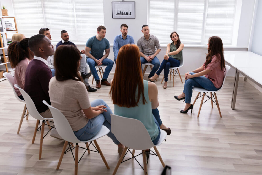 Addiction support group gathered for group therapy in Jacksonville, Florida Addiction support group gathered for group therapy in Jacksonville, Florida
